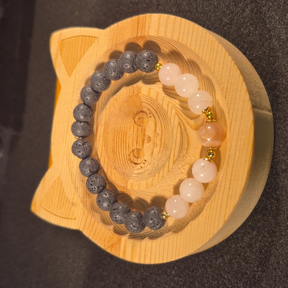 Sunstone and moonstone lava bead bracelet